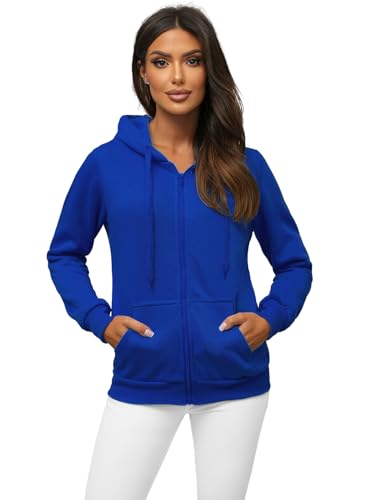 OZONEE Damen Kapuzenpullover Sweatjacke Sweatshirt Farbvarianten Kapuzenjacke Kapuzenpulli Langarm Kapuze Hoodie Sport Style Casual Fitness Basic Training 777/7376B Kobalt L von OZONEE