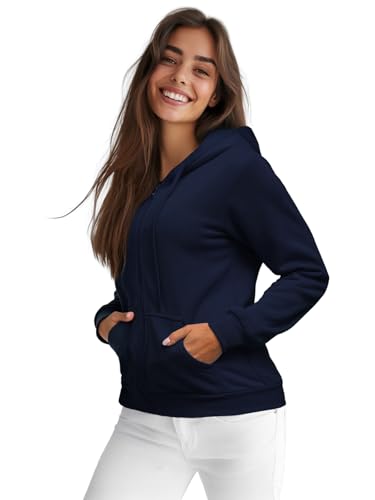 OZONEE Damen Kapuzenpullover Sweatjacke Sweatshirt Farbvarianten Kapuzenjacke Kapuzenpulli Langarm Kapuze Hoodie Sport Style Casual Fitness Basic Training 777/8665B DUNKELBLAU S von OZONEE