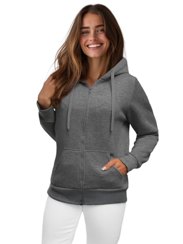 OZONEE Damen Kapuzenpullover Sweatjacke Sweatshirt Farbvarianten Kapuzenjacke Kapuzenpulli Langarm Kapuze Hoodie Sport Style Casual Fitness Basic Training 777/8665B DUNKELGRAU M von OZONEE