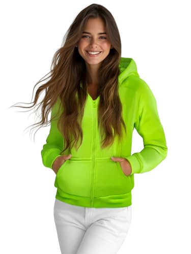 OZONEE Damen Kapuzenpullover Sweatjacke Sweatshirt Farbvarianten Kapuzenjacke Kapuzenpulli Langarm Kapuze Hoodie Sport Style Casual Fitness Basic Training 777/8665B GRÜN-NEON L von OZONEE