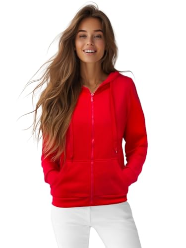 OZONEE Damen Kapuzenpullover Sweatjacke Sweatshirt Farbvarianten Kapuzenjacke Kapuzenpulli Langarm Kapuze Hoodie Sport Style Casual Fitness Basic Training 777/8665B ROT M von OZONEE