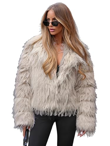 OZONEE Damen Kunstfell Jacke Winterjacke Kunstpelz Mantel Herbstjacke Herbstmantel Wärmemantel Wärmejacke Plüschjacke Plüsch Fleecemantel Plüschpullover JS/11Z8259Z BEIGE L von OZONEE
