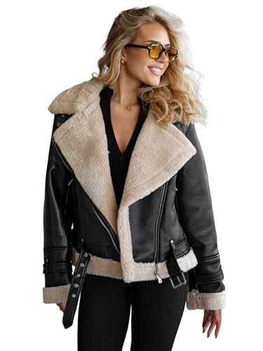 OZONEE Damen Lederjacke Kunstlederjacke Kunstleder Farbvarianten Jacke Bikerjacke Übergangsjacke Damenjacke Leder Echtlederjacke Echtleder Biker Wildleder 777/2364K SCHWARZ-BEIGE S von OZONEE