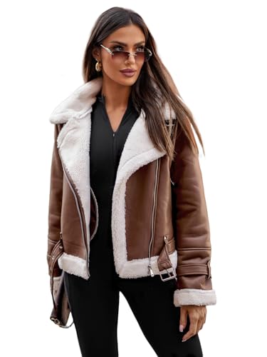 OZONEE Damen Lederjacke Kunstlederjacke Kunstleder Farbvarianten Jacke Bikerjacke Übergangsjacke Damenjacke Leder Echtlederjacke Echtleder Biker Wildleder 777/6416K BRAUN S von OZONEE