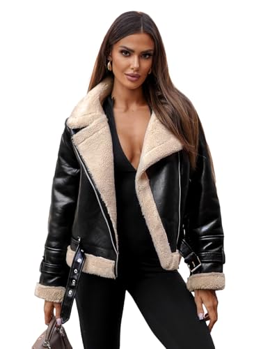 OZONEE Damen Lederjacke Kunstlederjacke Kunstleder Farbvarianten Jacke Bikerjacke Übergangsjacke Damenjacke Leder Echtlederjacke Echtleder Biker Wildleder 777/6416K SCHWARZ-BEIGE S von OZONEE