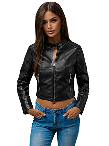 OZONEE Damen Lederjacke Kunstlederjacke Kunstleder Farbvarianten Jacke Bikerjacke Übergangsjacke Damenjacke Leder Echtlederjacke Echtleder Wildleder Biker 777/1815K SCHWARZ L von OZONEE