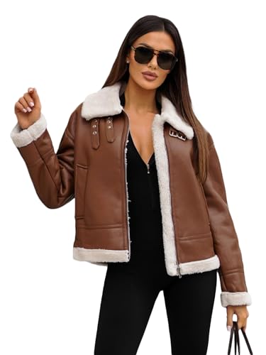 OZONEE Damen Lederjacke Kunstlederjacke Kunstleder Farbvarianten Jacke Bikerjacke Übergangsjacke Damenjacke Leder Echtlederjacke Echtleder Wildleder Biker 777/3445K BRAUN S von OZONEE