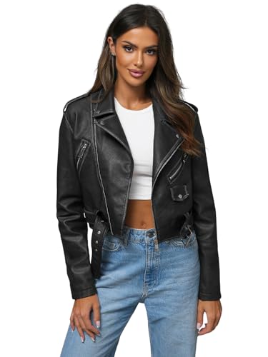 OZONEE Damen Lederjacke Kunstlederjacke Kunstleder Farbvarianten Jacke Bikerjacke Übergangsjacke Damenjacke Leder Echtlederjacke Echtleder Wildleder Biker 777/4329K SCHWARZ L von OZONEE