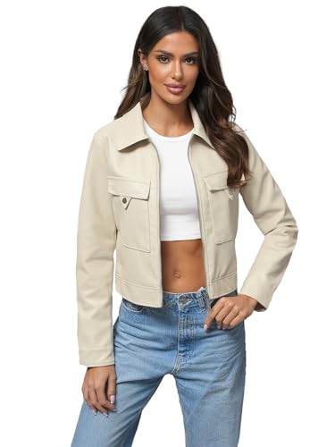 OZONEE Damen Lederjacke Kunstlederjacke Kunstleder Farbvarianten Jacke Bikerjacke Übergangsjacke Damenjacke Leder Echtlederjacke Echtleder Wildleder Biker 777/4814K BEIGE M von OZONEE