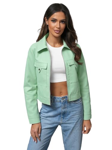 OZONEE Damen Lederjacke Kunstlederjacke Kunstleder Farbvarianten Jacke Bikerjacke Übergangsjacke Damenjacke Leder Echtlederjacke Echtleder Wildleder Biker 777/4814K PFEFFERMINZ S von OZONEE