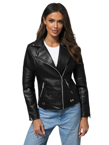 OZONEE Damen Lederjacke Kunstlederjacke Kunstleder Farbvarianten Jacke Bikerjacke Übergangsjacke Damenjacke Leder Echtlederjacke Echtleder Wildleder Biker 777/4879K SCHWARZ L von OZONEE