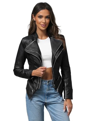 OZONEE Damen Lederjacke Kunstlederjacke Kunstleder Farbvarianten Jacke Bikerjacke Übergangsjacke Damenjacke Leder Echtlederjacke Echtleder Wildleder Biker 777/4981K SCHWARZ M von OZONEE