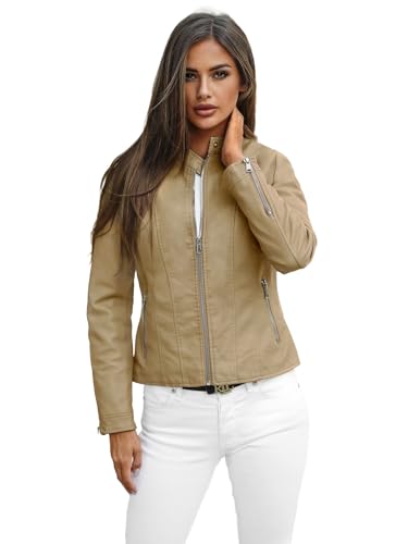 OZONEE Damen Lederjacke Kunstlederjacke Kunstleder Farbvarianten Jacke Bikerjacke Übergangsjacke Damenjacke Leder Echtlederjacke Echtleder Wildleder Biker 777/5640K BEIGE XL von OZONEE