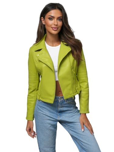 OZONEE Damen Lederjacke Kunstlederjacke Kunstleder Farbvarianten Jacke Bikerjacke Übergangsjacke Damenjacke Leder Echtlederjacke Echtleder Wildleder Biker 777/7011K LINDGRÜN L von OZONEE