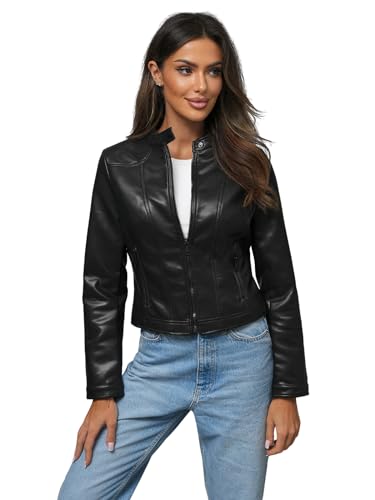 OZONEE Damen Lederjacke Kunstlederjacke Kunstleder Farbvarianten Jacke Bikerjacke Übergangsjacke Damenjacke Leder Echtlederjacke Echtleder Wildleder Biker 777/7079K SCHWARZ L von OZONEE