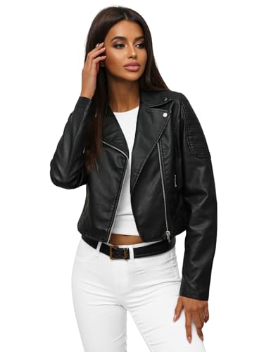 OZONEE Damen Lederjacke Kunstlederjacke Kunstleder Farbvarianten Jacke Bikerjacke Übergangsjacke Damenjacke Leder Echtlederjacke Echtleder Wildleder Biker 777/7558K SCHWARZ L von OZONEE