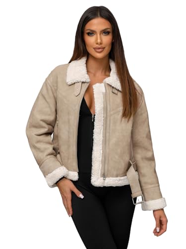 OZONEE Damen Lederjacke Kunstlederjacke Kunstleder Farbvarianten Jacke Bikerjacke Übergangsjacke Damenjacke Leder Echtlederjacke Echtleder Wildleder Biker 777/7986K BEIGE XL von OZONEE