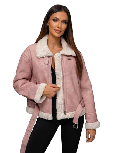 OZONEE Damen Lederjacke Kunstlederjacke Kunstleder Farbvarianten Jacke Bikerjacke Übergangsjacke Damenjacke Leder Echtlederjacke Echtleder Wildleder Biker 777/7986K PUDERROSA L von OZONEE
