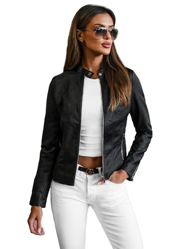 OZONEE Damen Lederjacke Kunstlederjacke Kunstleder Farbvarianten Jacke Bikerjacke Übergangsjacke Damenjacke Leder Echtlederjacke Echtleder Wildleder Biker 777/8253K SCHWARZ L von OZONEE