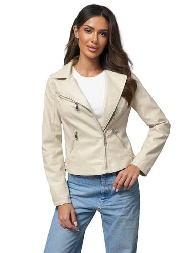 OZONEE Damen Lederjacke Kunstlederjacke Kunstleder Farbvarianten Jacke Bikerjacke Übergangsjacke Damenjacke Leder Echtlederjacke Echtleder Wildleder Biker 777/8431K BEIGE XS von OZONEE