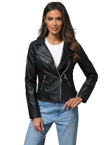 OZONEE Damen Lederjacke Kunstlederjacke Kunstleder Farbvarianten Jacke Bikerjacke Übergangsjacke Damenjacke Leder Echtlederjacke Echtleder Wildleder Biker 777/8431K SCHWARZ M von OZONEE