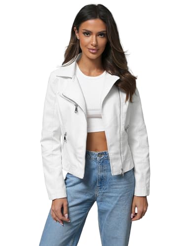 OZONEE Damen Lederjacke Kunstlederjacke Kunstleder Farbvarianten Jacke Bikerjacke Übergangsjacke Damenjacke Leder Echtlederjacke Echtleder Wildleder Biker 777/8431K WEIß S von OZONEE