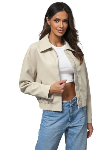 OZONEE Damen Lederjacke Kunstlederjacke Kunstleder Farbvarianten Jacke Bikerjacke Übergangsjacke Damenjacke Leder Echtlederjacke Echtleder Wildleder Biker 777/9192K BEIGE L/XL von OZONEE