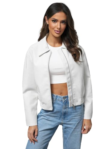 OZONEE Damen Lederjacke Kunstlederjacke Kunstleder Farbvarianten Jacke Bikerjacke Übergangsjacke Damenjacke Leder Echtlederjacke Echtleder Wildleder Biker 777/9192K WEIß M/L von OZONEE