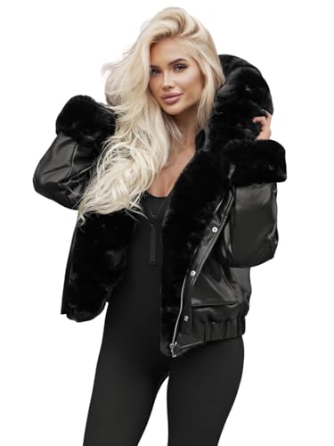 OZONEE Damen Lederjacke Kunstlederjacke Kunstleder Farbvarianten Jacke Bikerjacke Übergangsjacke Damenjacke Leder Echtlederjacke Echtleder Wildleder Biker 777/9268K SCHWARZ L von OZONEE