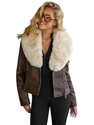OZONEE Damen Lederjacke Kunstlederjacke Kunstleder Farbvarianten Jacke Bikerjacke Übergangsjacke Damenjacke Leder Echtlederjacke Echtleder Wildleder Biker 777/9436K/158 SCHOKOLADE L von OZONEE