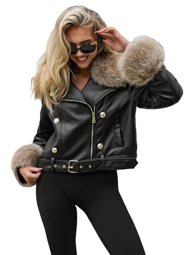 OZONEE Damen Lederjacke Kunstlederjacke Kunstleder Farbvarianten Jacke Bikerjacke Übergangsjacke Damenjacke Leder Echtlederjacke Echtleder Wildleder Biker JS/61M8512Z/392B SCHWARZ-BEIGE M von OZONEE