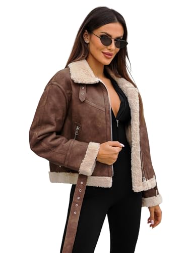 OZONEE Damen Lederjacke Kunstlederjacke Kunstleder Farbvarianten Jacke Bikerjacke Übergangsjacke Damenjacke Leder Echtlederjacke Echtleder Wildleder Biker O/81331Z BRAUN 3XL von OZONEE