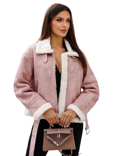 OZONEE Damen Lederjacke Kunstlederjacke Kunstleder Farbvarianten Jacke Bikerjacke Übergangsjacke Damenjacke Leder Echtlederjacke Echtleder Wildleder Biker O/81331Z PUDERROSA 3XL von OZONEE