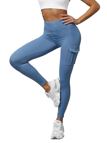 OZONEE Damen Leggings Leggins Kurz Radlerhose Sportleggings Jogginghose Baumwolle Blickdicht High Waist Hüfthoch Hohe Taille Hochbund Sport Unifarbe Einfarbig O/A10319Z BLAU L/XL von OZONEE