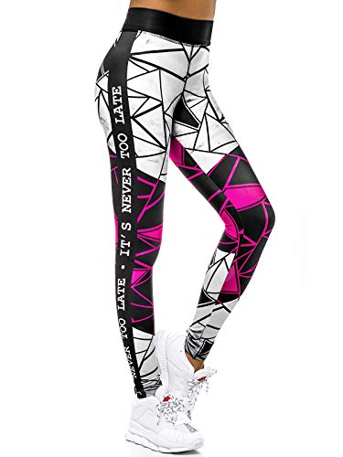 OZONEE Damen Leggings Leggins Lang Sportleggings Baumwolle Blickdicht High Waist Hüfthoch Hohe Taille Hochbund Knöchellang Sport Unifarbe Einfarbig O/20432 SCHWARZ-ROSA M von OZONEE