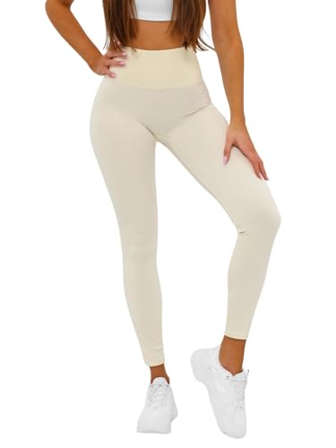 OZONEE Damen Leggings Leggins Lang Sportleggings Baumwolle Blickdicht High Waist Hüfthoch Hohe Taille Hochbund Sport Knöchellang Unifarbe Einfarbig 777/2550S/1 Ecru S von OZONEE