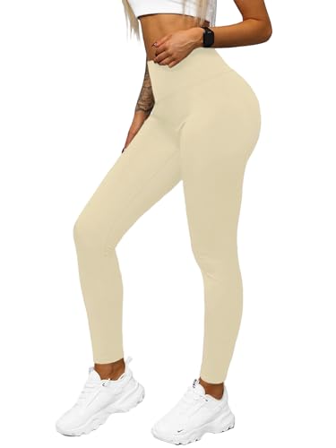 OZONEE Damen Leggings Leggins Lang Sportleggings Baumwolle Blickdicht High Waist Hüfthoch Hohe Taille Hochbund Sport Knöchellang Unifarbe Einfarbig 777/2829S Ecru L von OZONEE