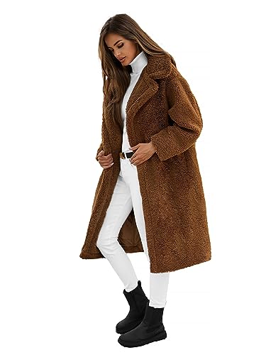 OZONEE Damen Mantel Wintermantel Teddy Fleece Winterjacke Jacke Parka Übergangsjacke Coat Wärmemantel Wärmejacke Winter Herbst Lang Warm Stehkragen 777/4768P BRAUN M von OZONEE