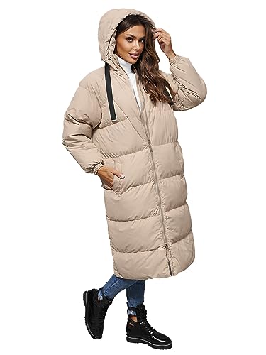OZONEE Damen Mantel Wintermantel Winterjacke Jacke Parka Übergangsjacke Coat Wärmemantel Wärmejacke Winter Herbst Lang Warm Stehkragen Outdoor Gepolstert JS/5M3163Z/62 BEIGE S von OZONEE