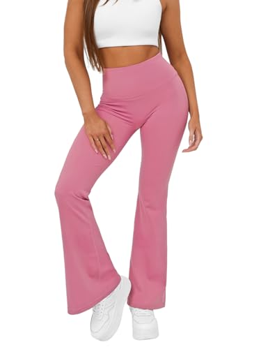 OZONEE Damen Schlag Leggings Schlaghose Flared Leggins Bootcut Yoga Yogahose Lang Sportleggings Baumwolle Blickdicht High Waist Hüfthoch Hohe Taille 777/3240S/111 ROSA S von OZONEE