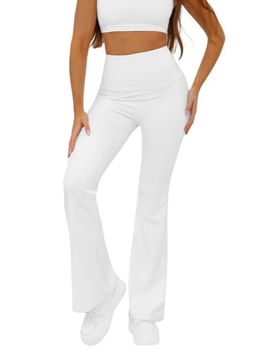 OZONEE Damen Schlag Leggings Schlaghose Flared Leggins Bootcut Yoga Yogahose Lang Sportleggings Baumwolle Blickdicht High Waist Hüfthoch Hohe Taille JS/17K587Z/1 WEIß XL von OZONEE