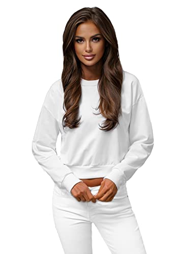 OZONEE Damen Sweatshirt Crop Top Pullover Bauchfrei Langarm Farbvarianten Oversized Langarmshirt Pulli ohne Kapuze Baumwolle Baumwollmischung Classic Basic Sport JS/8B938Z/1 WEIẞ XL von OZONEE