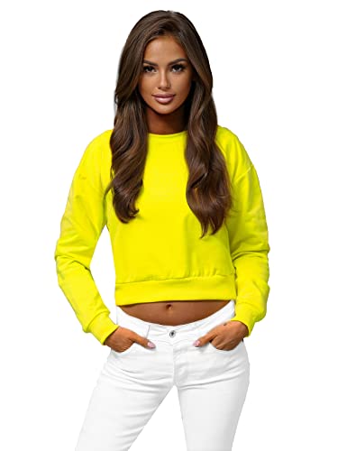 OZONEE Damen Sweatshirt Crop Top Pullover Bauchfrei Langarm Farbvarianten Oversized Langarmshirt Pulli ohne Kapuze Baumwolle Baumwollmischung Classic Basic Sport JS/8B938Z/33 GELB-NEON XL von OZONEE