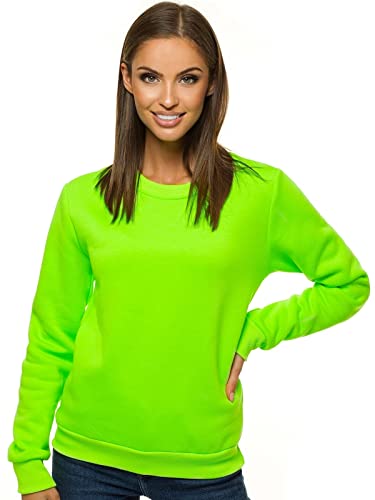 OZONEE Damen Sweatshirt Pullover Langarm Farbvarianten Langarmshirt Pulli ohne Kapuze Baumwolle Baumwollemischung Classic Basic Rundhals-Ausschnitt Sport 777/4160B GRÜN-NEON M von OZONEE