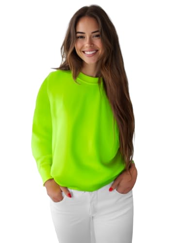 OZONEE Damen Sweatshirt Pullover Langarm Farbvarianten Langarmshirt Pulli ohne Kapuze Baumwolle Baumwollemischung Classic Basic Rundhals-Ausschnitt Sport 777/4160B GRÜN-NEON M von OZONEE