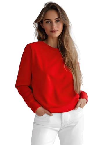 OZONEE Damen Sweatshirt Pullover Langarm Farbvarianten Langarmshirt Pulli ohne Kapuze Baumwolle Baumwollemischung Classic Basic Rundhals-Ausschnitt Sport 777/4160B ROT S von OZONEE