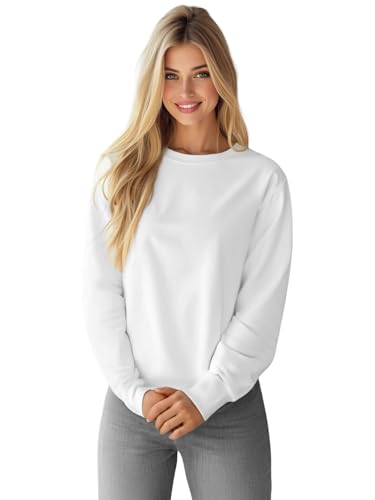 OZONEE Damen Sweatshirt Pullover Langarm Farbvarianten Langarmshirt Pulli ohne Kapuze Baumwolle Baumwollemischung Classic Basic Rundhals-Ausschnitt Sport 777/4160B WEIẞ S von OZONEE