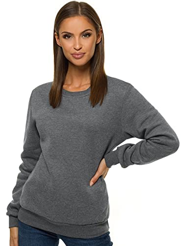 OZONEE Damen Sweatshirt Pullover Langarm Farbvarianten Oversized Langarmshirt Pulli ohne Kapuze Baumwolle Baumwollmischung Classic Basic Rundhals-Ausschnitt Sport JS/W01Z DUNKELGRAU XL von OZONEE