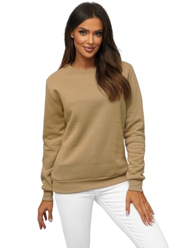 OZONEE Damen Sweatshirt Pullover Langarm Farbvarianten Langarmshirt Pulli ohne Kapuze Baumwolle Baumwollmischung Classic Basic Rundhals-Ausschnitt Sport 777/3001B/6 BEIGE M von OZONEE