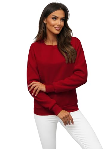 OZONEE Damen Sweatshirt Pullover Langarm Farbvarianten Langarmshirt Pulli ohne Kapuze Baumwolle Baumwollmischung Classic Basic Rundhals-Ausschnitt Sport 777/3001B DUNKELROT XL von OZONEE